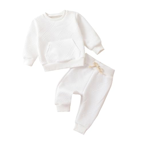 Yanmucy Kleinkind Baby Junge Kleidung Outfits Unisex Baumwolle Pullover Sweatshirt Tops Hosen Set Baby Junge Mädchen Casual Trainingsanzug Frühling Herbst Kleidung Set (Weiß, 3-6M) von Yanmucy