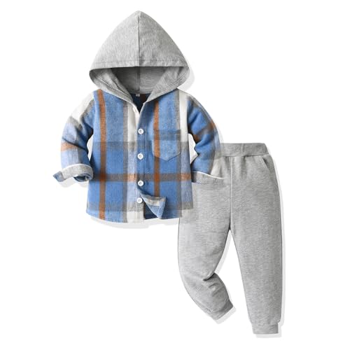 Yanmucy Kleinkind Baby Jungen Kleidung Outfit 2PCS Baumwolle Plaid Junge Hoodies Hemd Tops Hosen Set Kleine Jungen Anzug Kinder Trainingsanzug Frühling Herbst Kleidung Set (Blau, 3-4 T) von Yanmucy