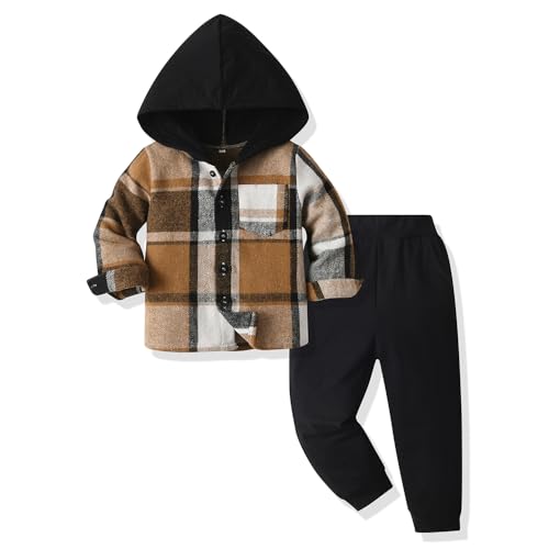 Yanmucy Kleinkind Baby Jungen Kleidung Outfit 2PCS Baumwolle Plaid Junge Hoodies Hemd Tops Hosen Set Kleine Jungen Anzug Kinder Trainingsanzug Frühling Herbst Kleidung Set (Braun, 6-7 T) von Yanmucy