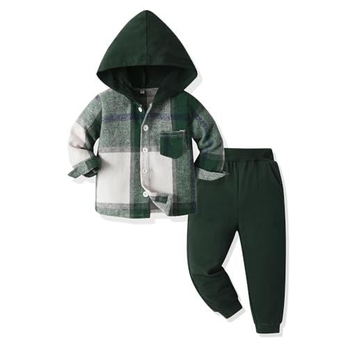 Yanmucy Kleinkind Baby Jungen Kleidung Outfit 2PCS Baumwolle Plaid Junge Hoodies Hemd Tops Hosen Set Kleine Jungen Anzug Kinder Trainingsanzug Frühling Herbst Kleidung Set (Grün, 2-3 T) von Yanmucy