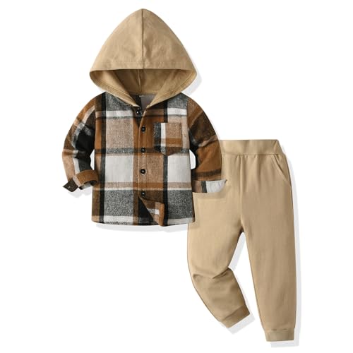 Yanmucy Kleinkind Baby Jungen Kleidung Outfit 2PCS Baumwolle Plaid Junge Hoodies Hemd Tops Hosen Set Kleine Jungen Anzug Kinder Trainingsanzug Frühling Herbst Kleidung Set (khaki, 6-7 T) von Yanmucy