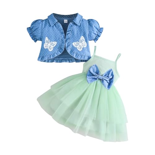 Yanmucy Kleinkind Baby Mädchen Kleid mit Puffärmeln Denim Blau Jacke Set 2 Stück Kleine Mädchen Ärmellos Tüll Tutu Kleid Kurzarm Polka Dot Rüschen Mantel Top Outfits, grün, 6-9 Months von Yanmucy