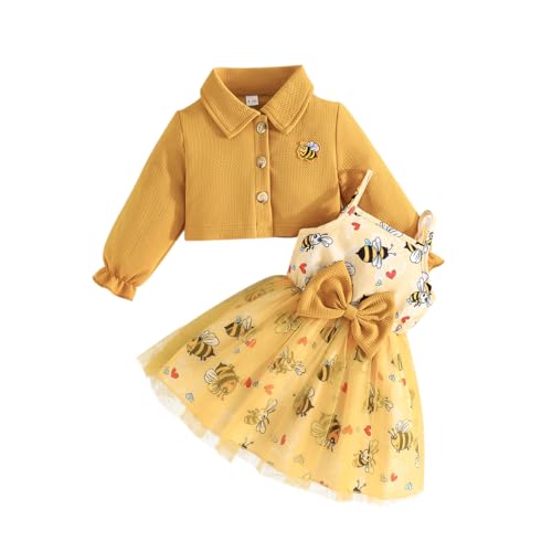Yanmucy Kleinkind Baby Mädchen Kleid und Mantel Set 2PCS Honigbiene Print Tutu Kleider Langarm Revers Strickjacke Baby Mädchen Kleidung Outfits (Honigbiene, 9-12 Monate) von Yanmucy