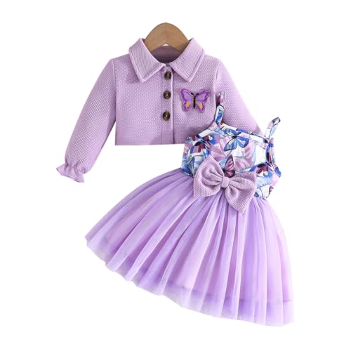 Yanmucy Kleinkind Baby Mädchen Kleid und Mantel Set 2PCS Schmetterling Print Tutu Kleider Langarm Revers Strickjacke Baby Mädchen Kleidung Outfits von Yanmucy