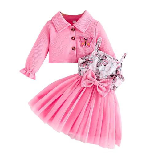Yanmucy Kleinkind Baby Mädchen Kleid und Mantel Set 2PCS Schmetterling Print Tutu Kleider Langarm Revers Strickjacke Baby Mädchen Kleidung Outfits von Yanmucy