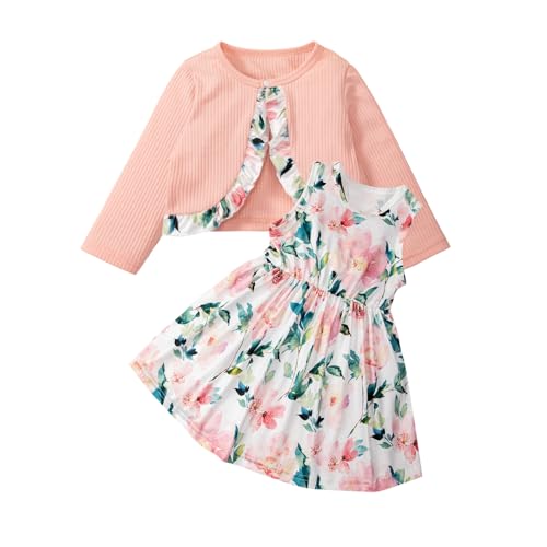Yanmucy Kleinkind Baby Mädchen Kleider mit Strickjacke Set 2PCS kleine Mädchen Kleider Outfits Langarm Rüschen Mantel Baby Mädchen Kleidung Set für Party Täglich Tragen (Aprikose Rosa, 18-24 Monate) von Yanmucy