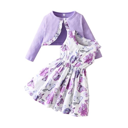 Yanmucy Kleinkind Baby Mädchen Kleider mit Strickjacke Set 2PCS kleine Mädchen Kleider Outfits Langarm Rüschen Mantel Baby Mädchen Kleidung Set für Party Täglich Tragen (Lila, 12-18 Monate) von Yanmucy