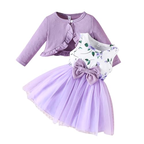 Yanmucy Kleinkind Baby Mädchen Kleider mit Strickjacke Set 2PCS kleine Mädchen Kleider Outfits Langarm Rüschen Mantel Baby Mädchen Kleidung Set für Party Täglich Tragen (Lila Schleife, 12-18 Monate) von Yanmucy