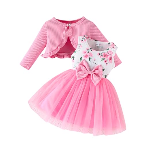 Yanmucy Kleinkind Baby Mädchen Kleider mit Strickjacke Set 2PCS kleine Mädchen Kleider Outfits Langarm Rüschen Mantel Baby Mädchen Kleidung Set für Party Täglich Tragen (Rosa Schleife, 12-18 Monate) von Yanmucy