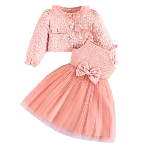 Yanmucy Mädchen Kleider und Mantel Set 2PCS Texturierter Blumendruck Kleider Langarm Strickjacke Baby Mädchen Kleidung Outfits für 2-8 Jahre (Rosa, 6 Jahre) von Yanmucy