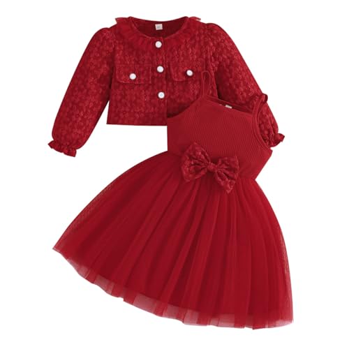 Yanmucy Mädchen Kleider und Mantel Set 2PCS Texturierter Blumendruck Kleider Langarm Strickjacke Baby Mädchen Kleidung Outfits für 2-8 Jahre (Rot, 8 Jahre) von Yanmucy