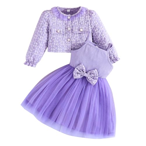 Yanmucy Mädchen Kleider und Mantel Set 2PCS Texturierter Blumendruck Kleider Langarm Strickjacke Baby Mädchen Kleidung Outfits für 2-8 Jahre (Violett, 7 Jahre) von Yanmucy
