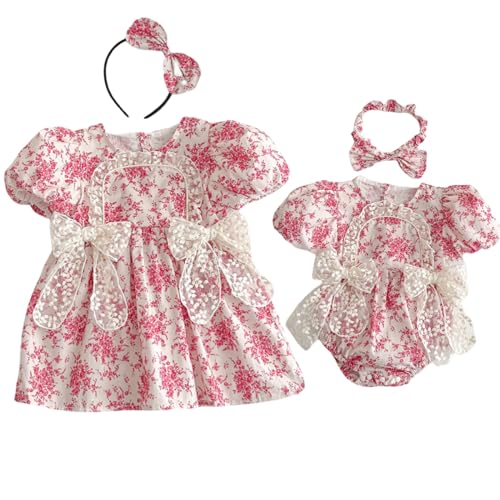 Yanmucy Passende Outfits für Schwestern Floral Puffy Ärmel Kleinkind Baby Mädchen Kleid Spitze Baby Mädchen Strampler Jumpsuits Kleinkind Sommerkleider von Yanmucy