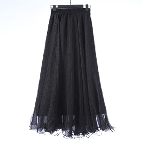 Yannaky Langer Rock Mode Frauen Chiffon Lange Röcke Hohe Taille Bodenlange Rüschen Weißer Sommer Boho Maxi Rock-Black,85Cm Length von Yannaky