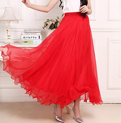 Yannaky Langer Rock Mode Frauen Chiffon Lange Röcke Hohe Taille Bodenlange Rüschen Weißer Sommer Boho Maxi Rock-Red,95Cm Length von Yannaky