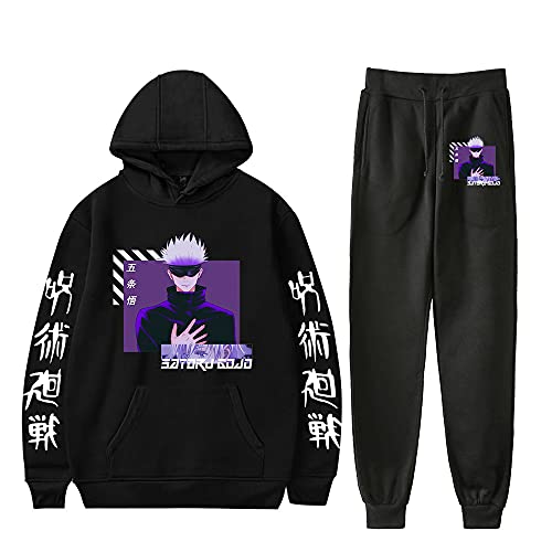 Anime Jujutsu Kaisen Trainingsanzug Gojo Satoru Hoodies Long Pants 2 Stück Set Mode Casual Hooded Sweatshirt Sportanzug für Frauen Männer (Schwarz 1, m) von Yanny