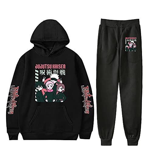 Anime Jujutsu Kaisen Trainingsanzug Gojo Satoru Hoodies Long Pants 2 Stück Set Mode Casual Hooded Sweatshirt Sportanzug für Frauen Männer (Schwarz 2, m) von Yanny