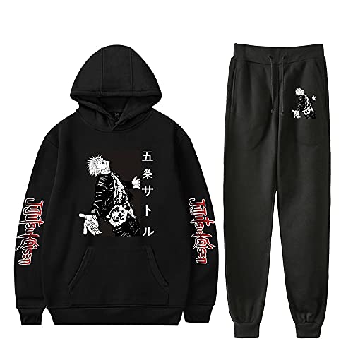 Anime Jujutsu Kaisen Trainingsanzug Gojo Satoru Hoodies Long Pants 2 Stück Set Mode Casual Hooded Sweatshirt Sportanzug für Frauen Männer (Schwarz 3, l) von Yanny