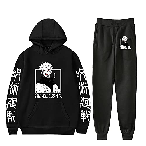 Anime Jujutsu Kaisen Trainingsanzug Gojo Satoru Hoodies Long Pants 2 Stück Set Mode Casual Hooded Sweatshirt Sportanzug für Frauen Männer (Schwarz 6, l) von Yanny