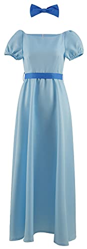 Damen Mädchen Peter Pan Wendy Prinzessin Kleid Anime Cosplay Kostüm Blau Satin Langes Kleid Outfit Halloween Karneval Kleid Komplettset (M, Wendy-Erwachsene) von Yanny