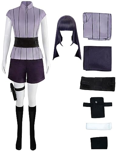 Hinata Hyuga Cosplay Shirt Kurze Socken Gürtel Anime Cosplay Hinata Hyugaüke Kostüm Perücke Outfits (Lila + Perücke, 3X-Large) von Yanny