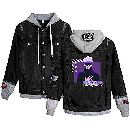 Unisex Jujutsu Kaisen Denim Hoodie Jacken Gojo Satoru Jeansjacke Anime Cosplay Kostüm Damen Herren Mantel Sweatshirt Pullover (Schwarz 3, l) von Yanny