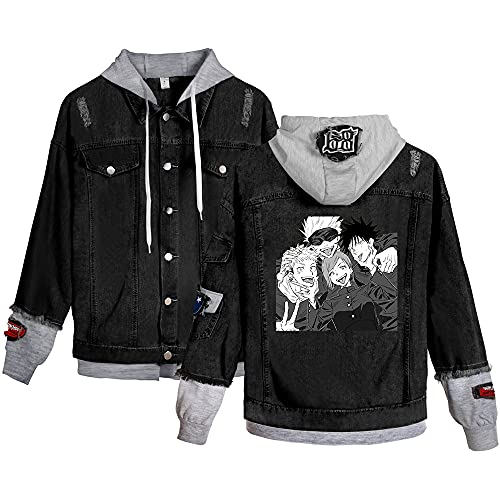 Unisex Jujutsu Kaisen Denim Hoodie Jacken Gojo Satoru Jeansjacke Anime Cosplay Kostüm Damen Herren Mantel Sweatshirt Pullover (Schwarz 5, l) von Yanny