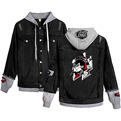 Unisex Persona 5 Denim Hoodie Jacken Akira Kurusu Jeansjacke Anime Game Cosplay Kostüm 3D Zip Up Mantel Sweatshirt Pullover (XXL, Schwarz 1, xx_l) von Yanny