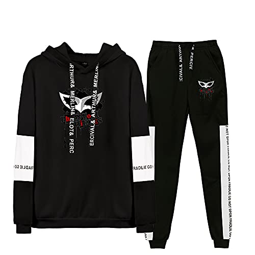 Unisex Persona 5 Hoodies Long Pants 2 Stück Set Anime Akira Kurusu Hoodies Long Pants 2 Stück Set Mode Casual Hooded Sweatshirt Sportanzug Trainingsanzug (3XL, Schwarz 4) von Yanny