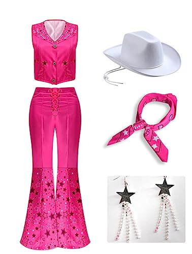 Yanny 2023 Film Cowgirl Kostüm Outsuit 70er 80s Hippie Disco Kostüm Wig Damen Rosa Schlaghose Halloween Cosplay (Rosa + Perücke, X-Large) von Yanny