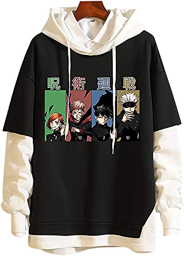 Yanny Anime Jujutsu Kaisen Hoodie Pullover Unisex Satoru Gojo Itadori Yuji Zweiteilige Oberteile Kapuzenpullover Mode Bequem Casual Sweatshirt (L, Schwarz 2, l) von Yanny