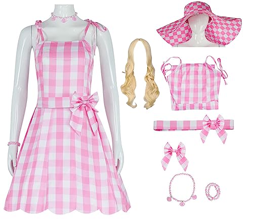 Yanny Bar-bie Pink Gingham Kleider für Frauen Film 2023 Margot Robbie Plaid Kostüm Outfit Zubehör (Rosa 1 + Perücke, Large) von Yanny