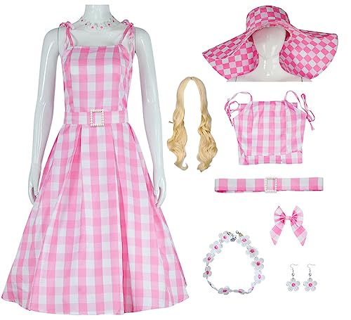 Yanny Bar-bie Pink Gingham Kleider für Frauen Film 2023 Margot Robbie Plaid Kostüm Outfit Zubehör (Rosa 2 + Perücke, Small) von Yanny