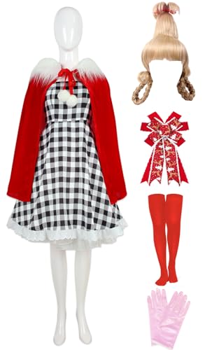 Yanny Cindy Christmas Plaid Kleid Frauen Cindy Lou Who Gingham Kleid Rote Umhang Perücke Handschuhe Kinder Mädchen (Red 1 - Weiblich, Small) von Yanny