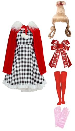 Yanny Cindy Christmas Plaid Kleid Frauen Cindy Lou Who Gingham Kleid Rote Umhang Perücke Handschuhe Kinder Mädchen (Red 2 - Weiblich, Small) von Yanny