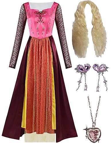 Yanny Damen Sanderson Sisters Kostüm Sarah Sanderson Hexe Cosplay Kleid Perücke Halskette Erwachsene Plus Size (Stil 1, Small) von Yanny