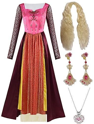 Yanny Damen Sanderson Sisters Kostüm Sarah Sanderson Hexe Cosplay Kleid Perücke Halskette Erwachsene Plus Size (Stil 2, Small) von Yanny