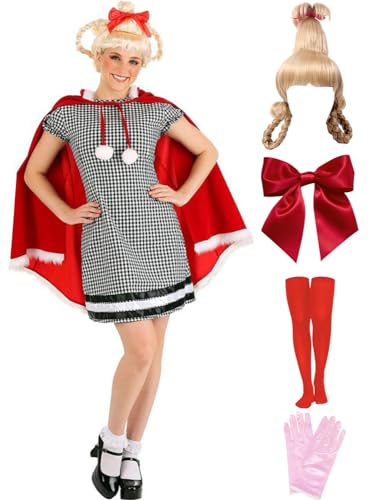 Yanny Erwachsene Cindy Lou Who Checked Gingham Kleid Red Samt Cape Handschuhe Bow Perücke Weihnachten Kostüm Mädchen (Red 1 - Weiblich, Small) von Yanny