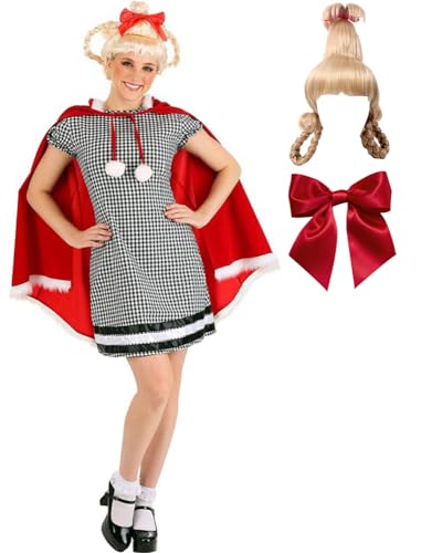 Yanny Erwachsene Cindy Lou Who Checked Gingham Kleid Red Samt Cape Handschuhe Bow Perücke Weihnachten Kostüm Mädchen (Red 2 - Weiblich, 3X-Large) von Yanny