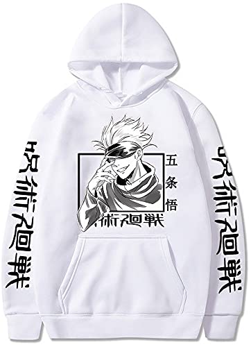 Yanny Jujutsu Kaisen Hoodie Gojo Satoru Cosplay Kostüm Anime Print Kapuzenpullover Pullover Sweatshirt für Frauen Männer (XL, Weiß) von Yanny