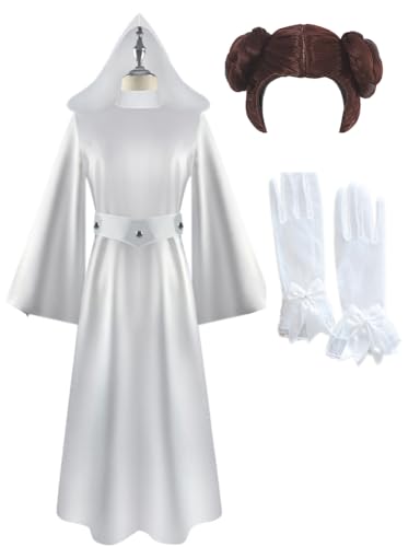 Yanny Mädchen Prinzessin Leia Weiß Kleid Kapuze Robe Frauen Leia Kostüm Erwachsene Halloween Outfit Full Set mit Gürtel (White - Women, 3X-Large) von Yanny