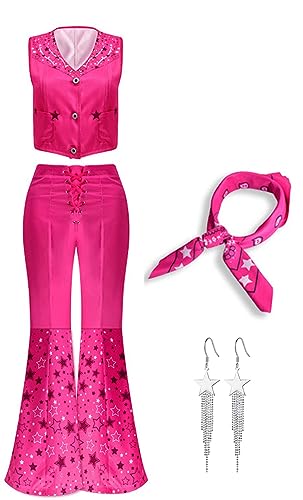 Yanny Mädchen Rosa Cowgirl Outfits 70er 80er Jahre Hippie Disco Kostüm Margot Robbie Film 2023 Frauen Halloween Cosplay (Pink 1 - Mädchen, Large) von Yanny