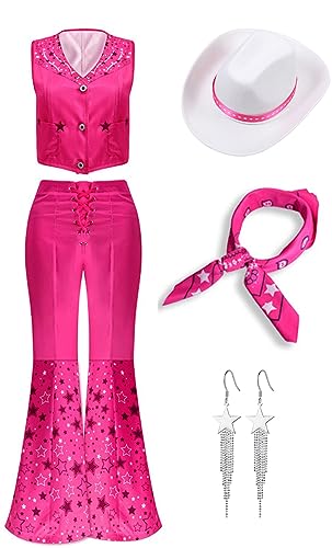 Yanny Mädchen Rosa Cowgirl Outfits 70er 80er Jahre Hippie Disco Kostüm Margot Robbie Film 2023 Frauen Halloween Cosplay (Pink 2 - Mädchen, Large) von Yanny