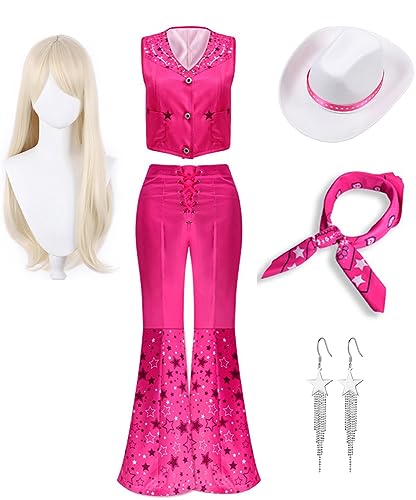 Yanny Mädchen Rosa Cowgirl Outfits 70er 80er Jahre Hippie Disco Kostüm Margot Robbie Film 2023 Frauen Halloween Cosplay (Pink 3 - Mädchen, Large) von Yanny