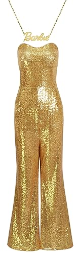 Yanny Margot Robbie 70s Hippie Disco Outfit Gold Overall Schlaghose Cowgirl Bar-bie Ken Cowboy Kostüm Hut (Gold, 3X-Large) von Yanny