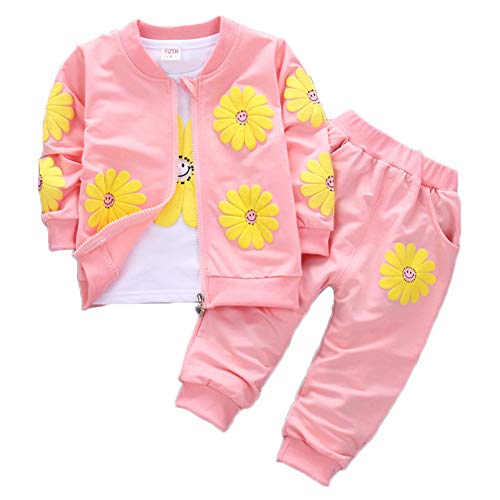 Yao 1-5 Jahre Kleine Mädchen Blumen drucken 3-teilige Sets Reißverschluss Jacke Langarm Rundhals T-Shirt und Hose (1-2 Jahre, Rosa) von Yao