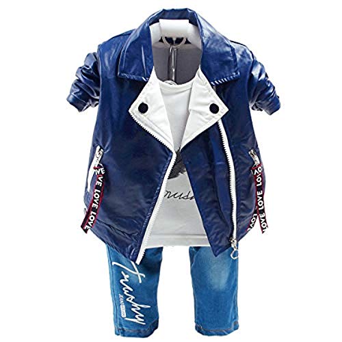 Yao 6M-5J Frühling Herbst Kleiner Baby Jungen Kleidungsset 3 Stück Langärmliges T-Shirt Pu Lederjacke und Jeans(1-2J, Blau) von Yao