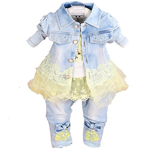 Yao Baby kleidung,Baby Mädchen Kleidungsset 3tlg Button-Stil Jeansjacke gestickte langarm T-Shirt und Jeanshose 6Monate-5Jahre(Gelb,1-2Jahre) von Yao