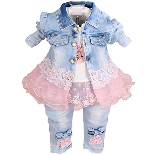 Yao Baby kleidung,Baby Mädchen Kleidungsset 3tlg Button-Stil Jeansjacke gestickte langarm T-Shirt und Jeanshose 6Monate-5Jahre(Rosa,4-5Jahre) von Yao