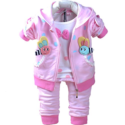 Yao 6M-3Jahre Baby Mädchen Kleidung Set 3 Stück Langärmliges T-Shirt Hoodie Jacke und Hose(Rosa,12-18Monate) von Yao